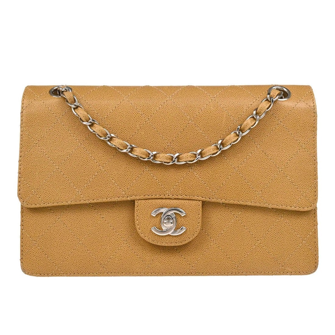 CHANEL Beige Quilted Caviar Skin Crossbody Flap Bag: CHANEL Beige Quilted Caviar Skin Crossbody Flap Bag This Chanel shoulder bag features a classic quilted design in beige caviar skin with a flap turnlock closure. The medium-sized bag is crafted in Fra