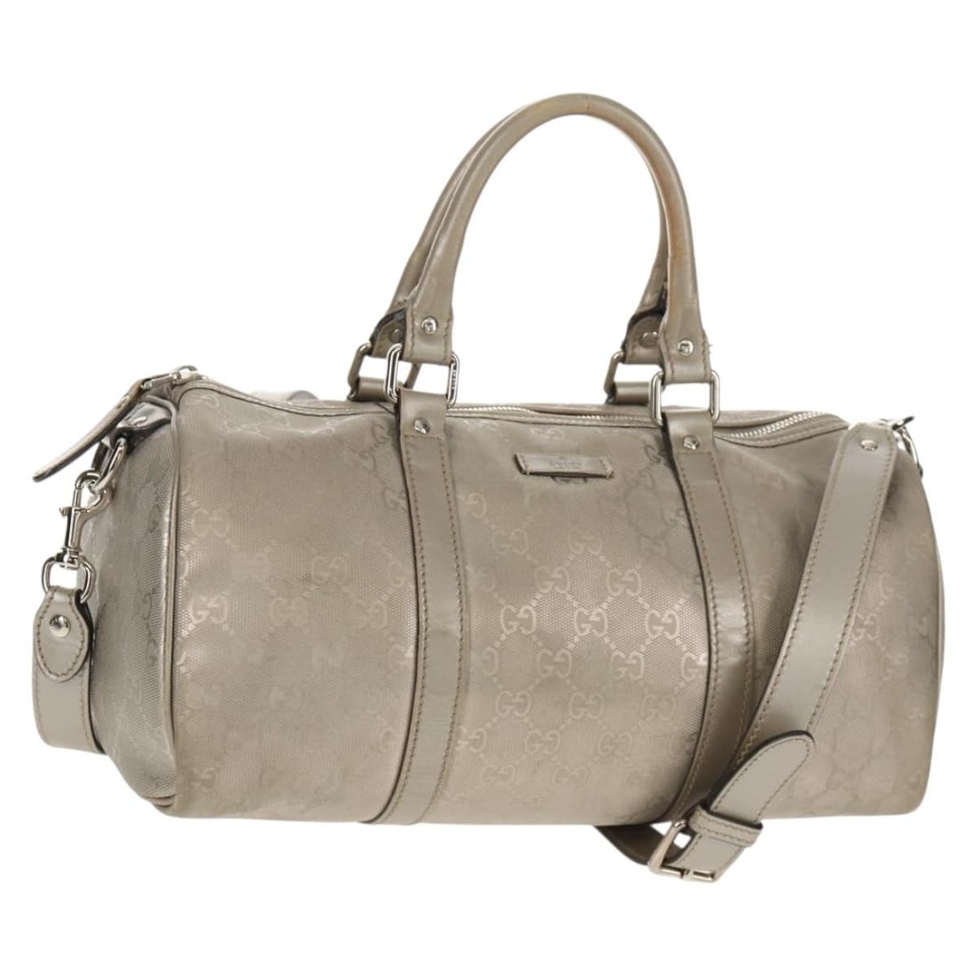 Gucci silver PVC canvas Boston bag 203696 with shoulder strap: Gucci silver PVC canvas Boston bag 203696 with shoulder strap This Gucci GG Implementation Boston Bag is crafted from silver PVC leather and GG canvas, offering a versatile 2-way design with both hand