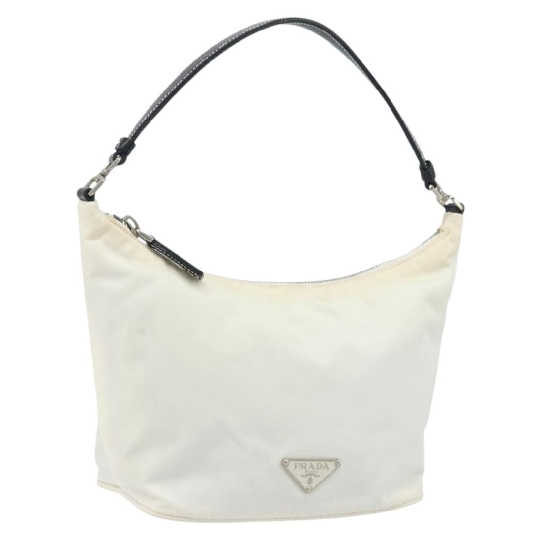 Prada Silver and White Nylon Women's Handbag Made in Italy: Prada Silver and White Nylon Women's Handbag Made in Italy This PRADA handbag for women features a silver and white nylon exterior with a compact, structured silhouette. The bag is made in Italy and o
