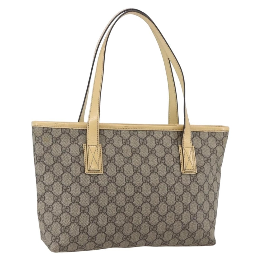 Gucci GG Supreme Beige Silver PVC Tote 2111 38 Italy: Gucci GG Supreme Beige Silver PVC Tote 2111 38 Italy This GUCCI GG Supreme tote bag features a beige and silver color scheme crafted from PVC leather and GG canvas. Designed for women, it offers a str