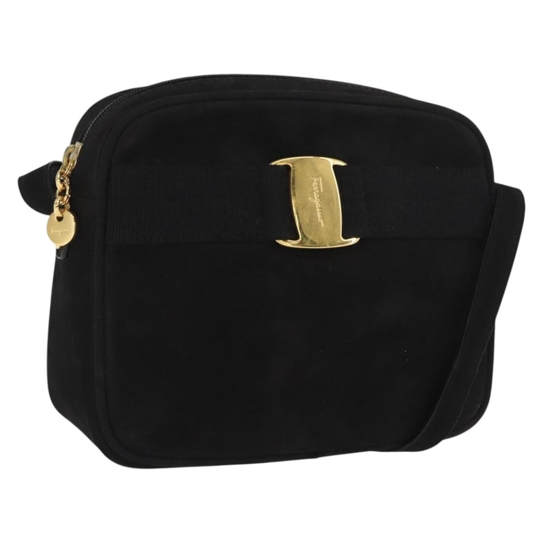 Salvatore Ferragamo Vala suede black gold shoulder bag: Salvatore Ferragamo Vala suede black gold shoulder bag This Salvatore Ferragamo Vala shoulder bag is crafted from black suede with gold-tone accents. The bag features a compact silhouette with approxi