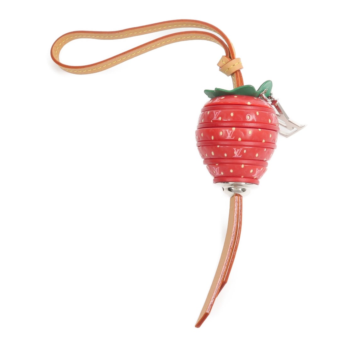 Louis Vuitton strawberry bag charm red PVC: Louis Vuitton strawberry bag charm red PVC This Louis Vuitton Strawberry Bag Charm features a playful strawberry motif in red, crafted from durable plastic. Designed as a stylish accessory, it is suit