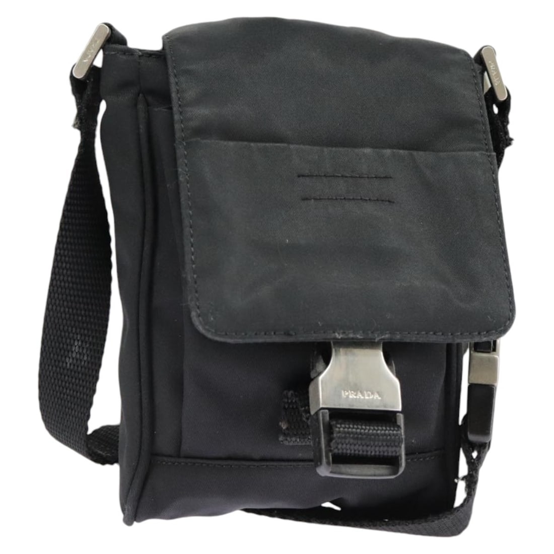 Prada Black Nylon Shoulder Pouch with Silver Tone Accents Italy: Prada Black Nylon Shoulder Pouch with Silver Tone Accents Italy This PRADA shoulder pouch is crafted from black and silver nylon and is designed for women. Made in Italy, the pouch features a compact 
