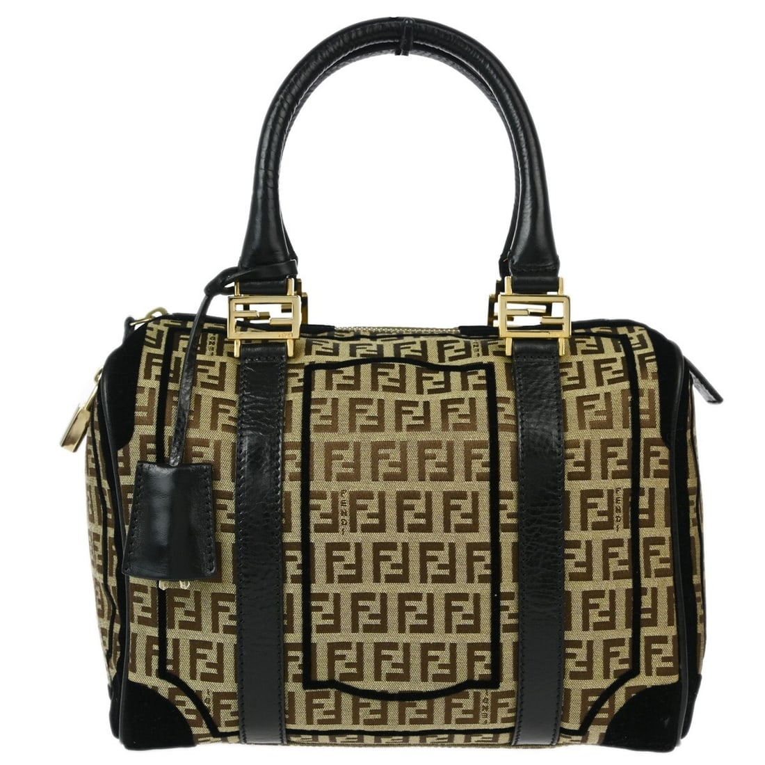 Fendi Zucchino canvas handbag with double handles: Fendi Zucchino canvas handbag with double handles This Fendi Brown Zucchino handbag features the iconic Fendi Zucchino pattern in a medium-sized design. Crafted in Italy, the bag is made from durable 