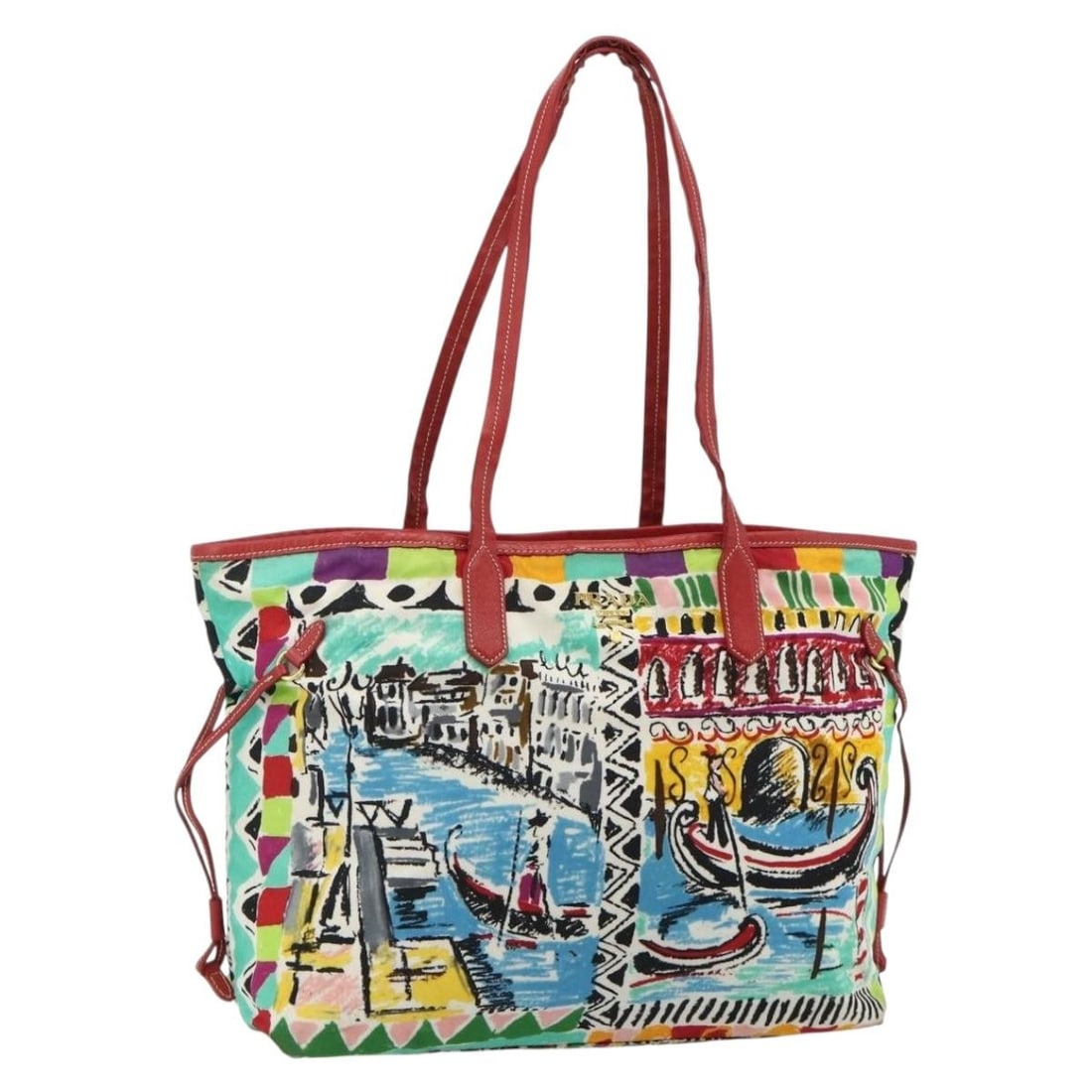 Prada nylon multicolor gold tote bag Italy: Prada nylon multicolor gold tote bag Italy This PRADA tote bag is crafted from durable nylon in a striking multicolor and gold design. Designed for women, it features ample space with approximate dime