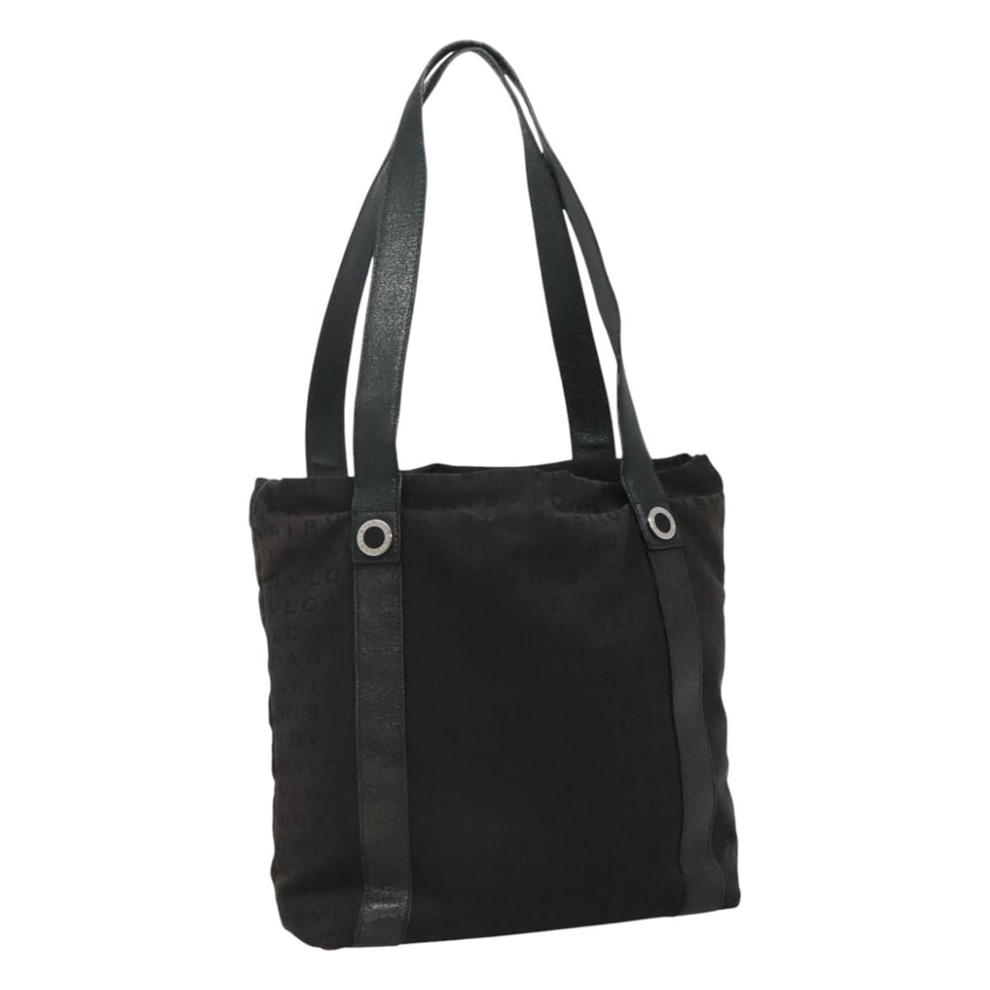 BVLGARI Black Canvas and Leather Tote Bag Silver Accents Italy: BVLGARI Black Canvas and Leather Tote Bag Silver Accents Italy This BVLGARI tote bag features a black and silver canvas exterior with leather accents. Designed for women, it offers a spacious interior