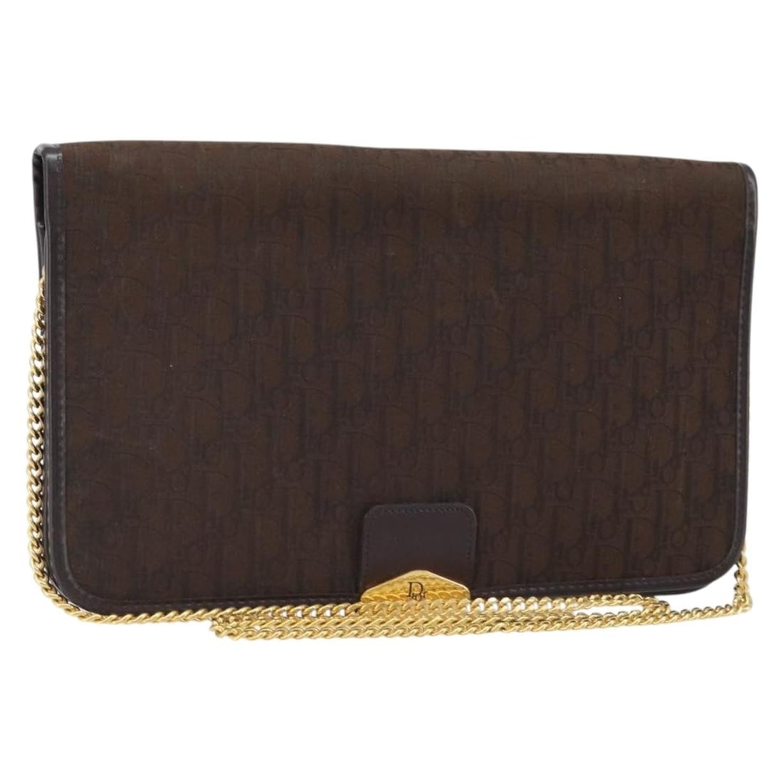 Dior Brown Trotter Canvas Shoulder Purse with Gold Chain Accent: Dior Brown Trotter Canvas Shoulder Purse with Gold Chain Accent This Christian Dior Trotter Canvas Chain Shoulder Bag features a brown and gold color scheme with the signature Trotter canvas exterior.