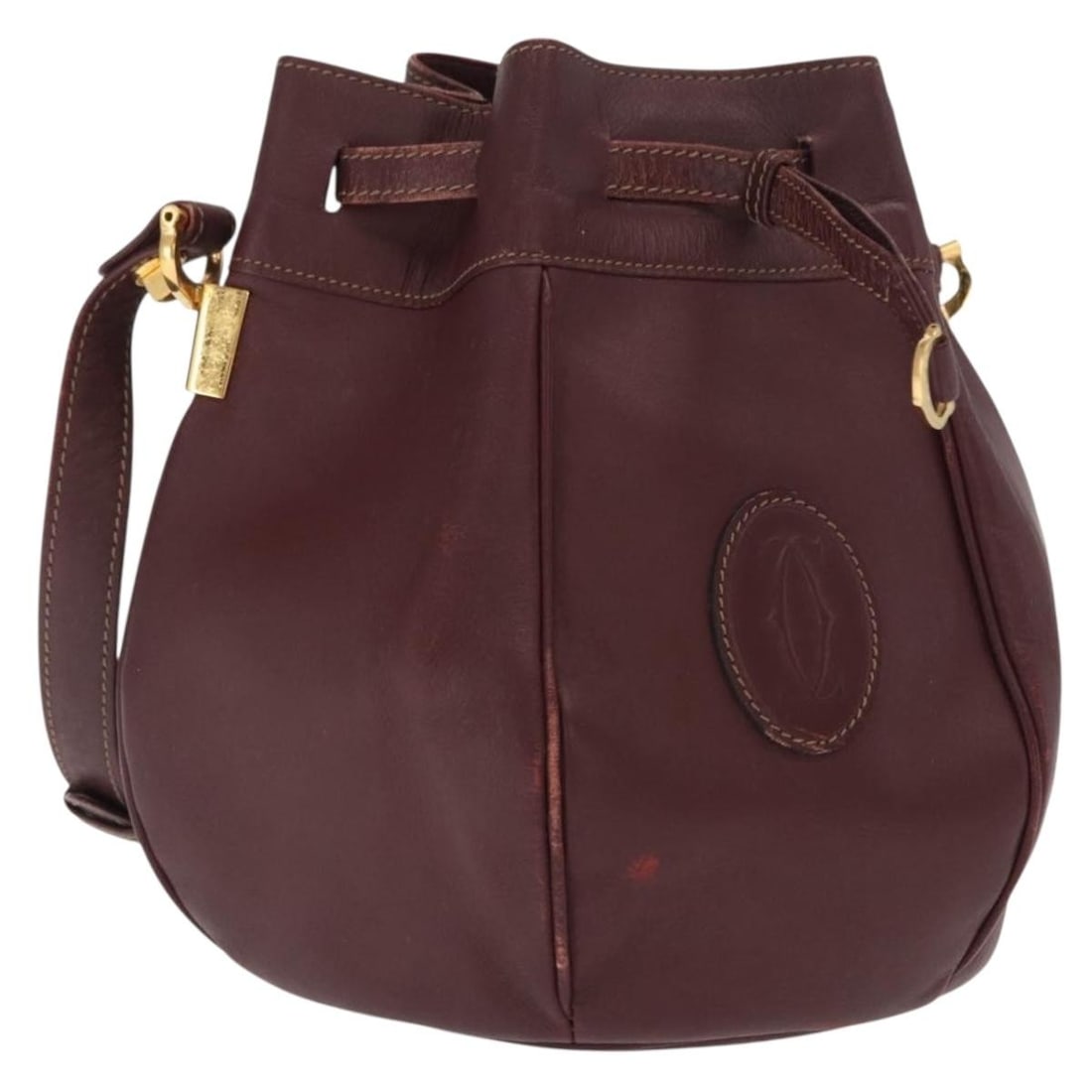 Cartier Must Line Bordeaux Leather Shoulder Bag for Women: Cartier Must Line Bordeaux Leather Shoulder Bag for Women This Cartier Must Line shoulder bag features a Bordeaux leather exterior accented with gold-tone details. Designed for women, it offers a spac