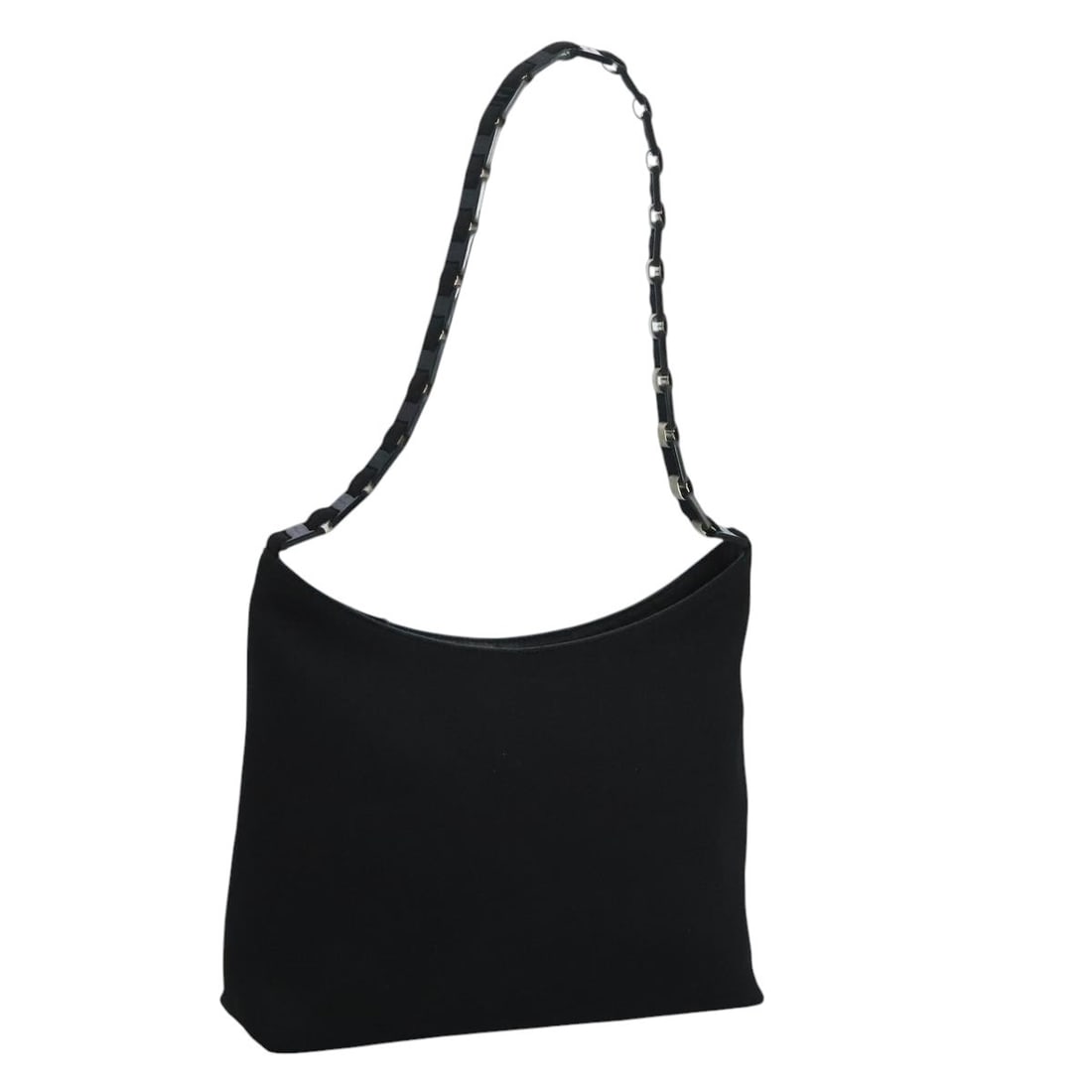 Black Canvas Shoulder Purse for Women by Salvatore Ferragamo: Black Canvas Shoulder Purse for Women by Salvatore Ferragamo This Salvatore Ferragamo shoulder bag for women features a black canvas exterior and is made in Italy. The bag shows signs of heavy use, in