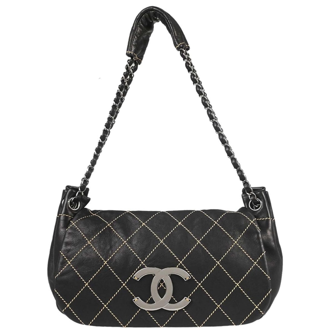Chanel Wild Stitch Black Lambskin Flap Shoulder Bag: Chanel Wild Stitch Black Lambskin Flap Shoulder Bag This Chanel Wild Stitch Accordion Flap Shoulder Bag features luxurious black lambskin leather with distinctive wild stitch detailing. Designed in a 