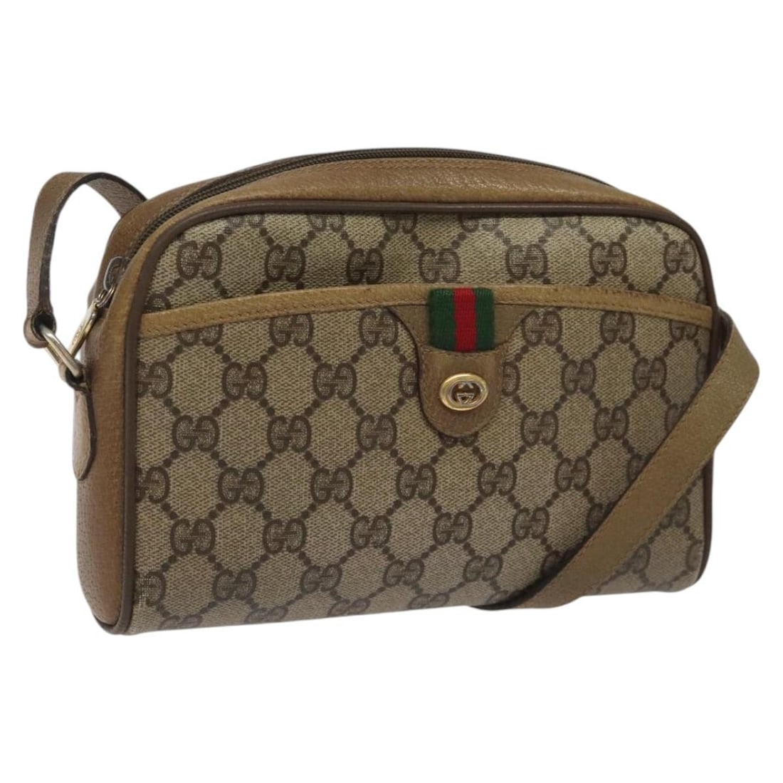 Beige GG Supreme Web Sherry Line Shoulder Bag by Gucci PVC Leather: Beige GG Supreme Web Sherry Line Shoulder Bag by Gucci PVC Leather This is a Gucci GG Supreme Web Sherry Line shoulder bag in beige, crafted from PVC leather and GG canvas. Designed for women, it feat