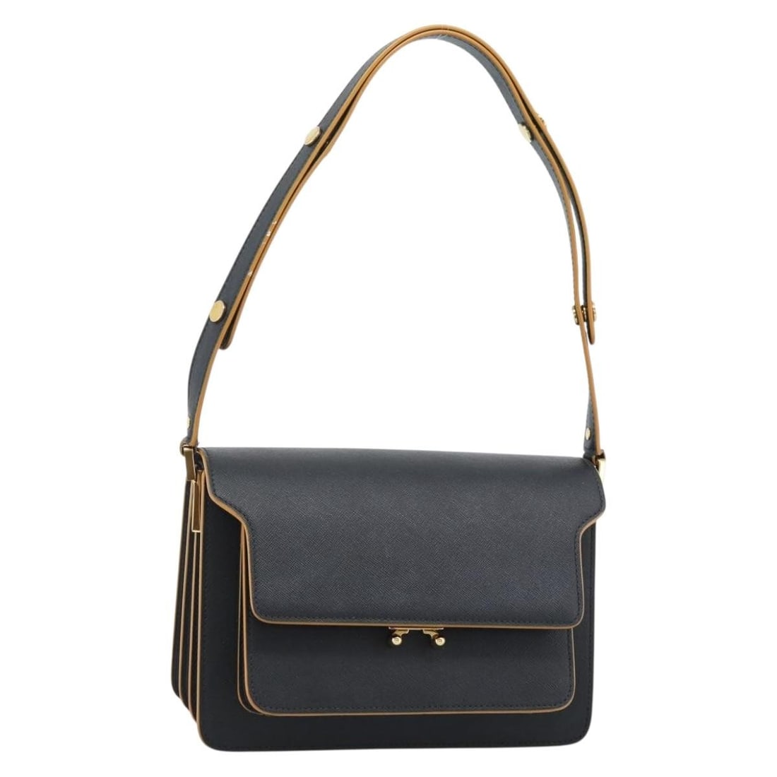 MARNI Black Gold Leather Shoulder Bag Italy: MARNI Black Gold Leather Shoulder Bag Italy This Marni shoulder bag is crafted from leather in a striking black and gold color combination. Designed for women, it features a compact silhouette with a 