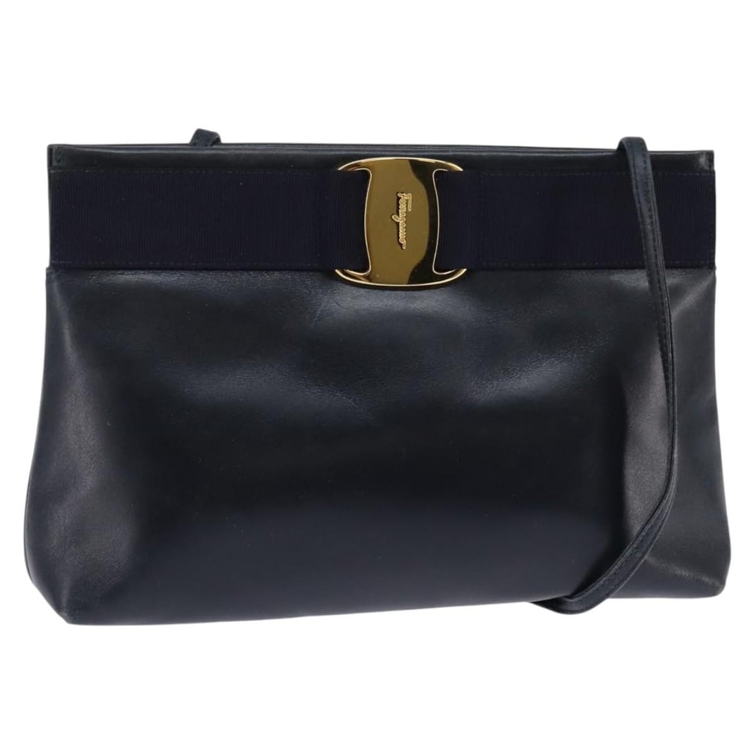 Ferragamo Vala Navy Gold Leather Shoulder Bag: Ferragamo Vala Navy Gold Leather Shoulder Bag This Salvatore Ferragamo Vala shoulder bag is crafted from navy leather with gold-tone accents. Designed for women, it features a structured silhouette wi