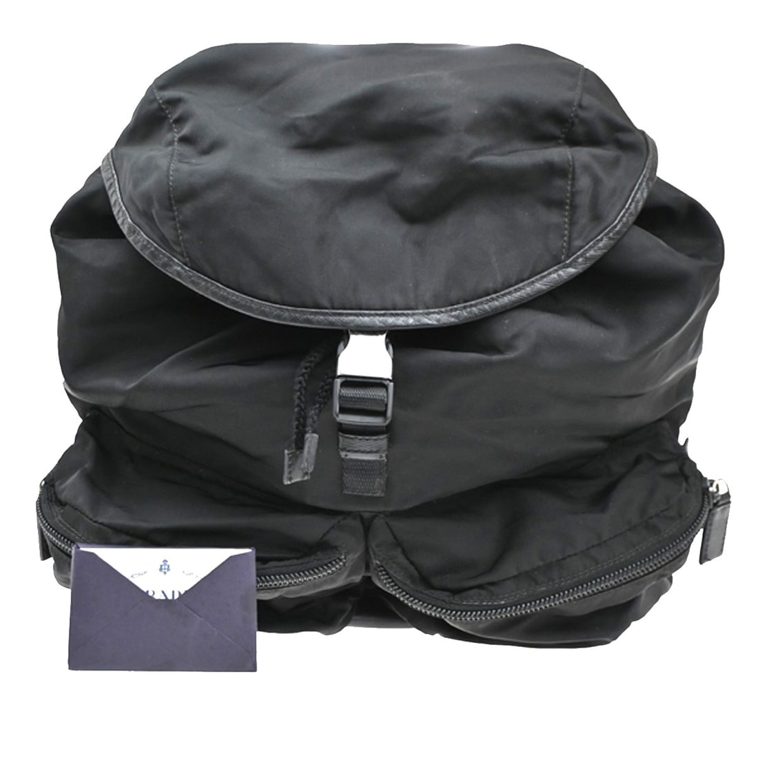 Prada Nylon Backpack with Dual Front Pockets Black 28cm by 31cm by 16cm: Prada Nylon Backpack with Dual Front Pockets Black 28cm by 31cm by 16cm This Prada Double Front Pocket Backpack is crafted from black nylon, designed for women. It features two front pockets for added