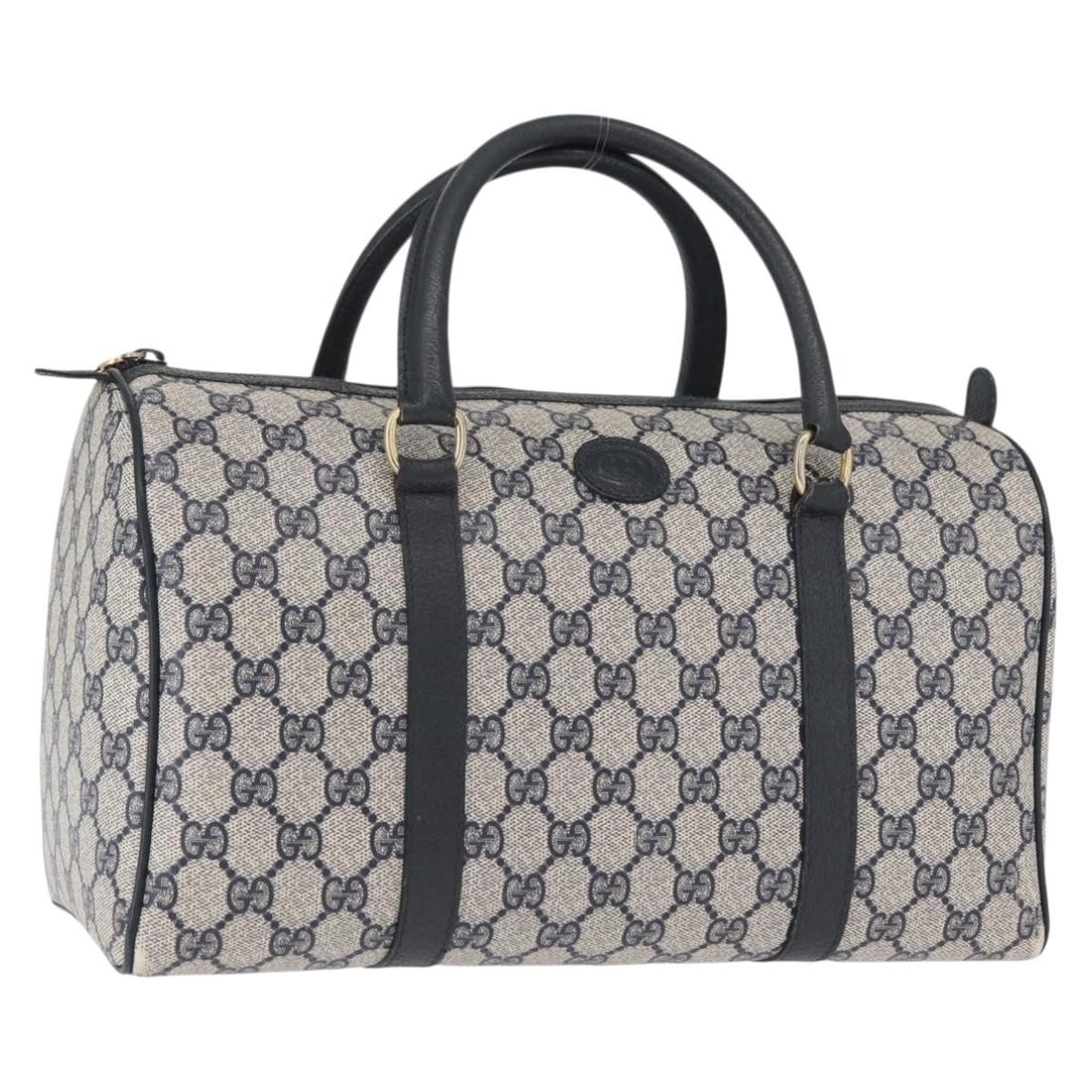 Gucci GG Supreme Navy Gold Boston Bag PVC Leather Italy: Gucci GG Supreme Navy Gold Boston Bag PVC Leather Italy This is a Gucci GG Supreme Boston Bag crafted from PVC leather and GG canvas in navy and gold tones. Designed for women, this bag features dual 