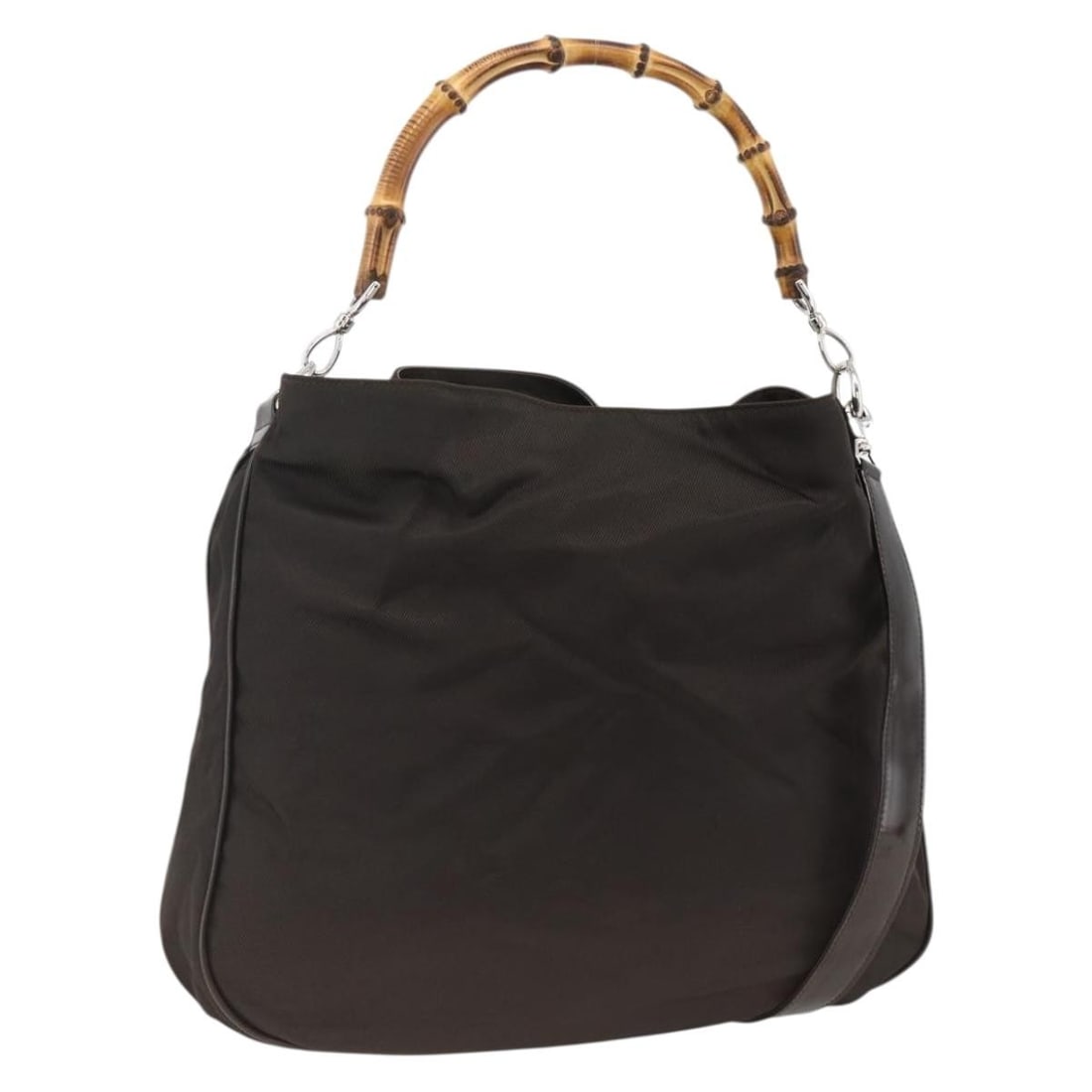 Gucci Brown Nylon Bamboo Shoulder Bag with Silver Hardware 2way Style: Gucci Brown Nylon Bamboo Shoulder Bag with Silver Hardware 2way Style This GUCCI bamboo shoulder bag features a 2-way design and is crafted from brown nylon with silver-tone accents. The bag includes 