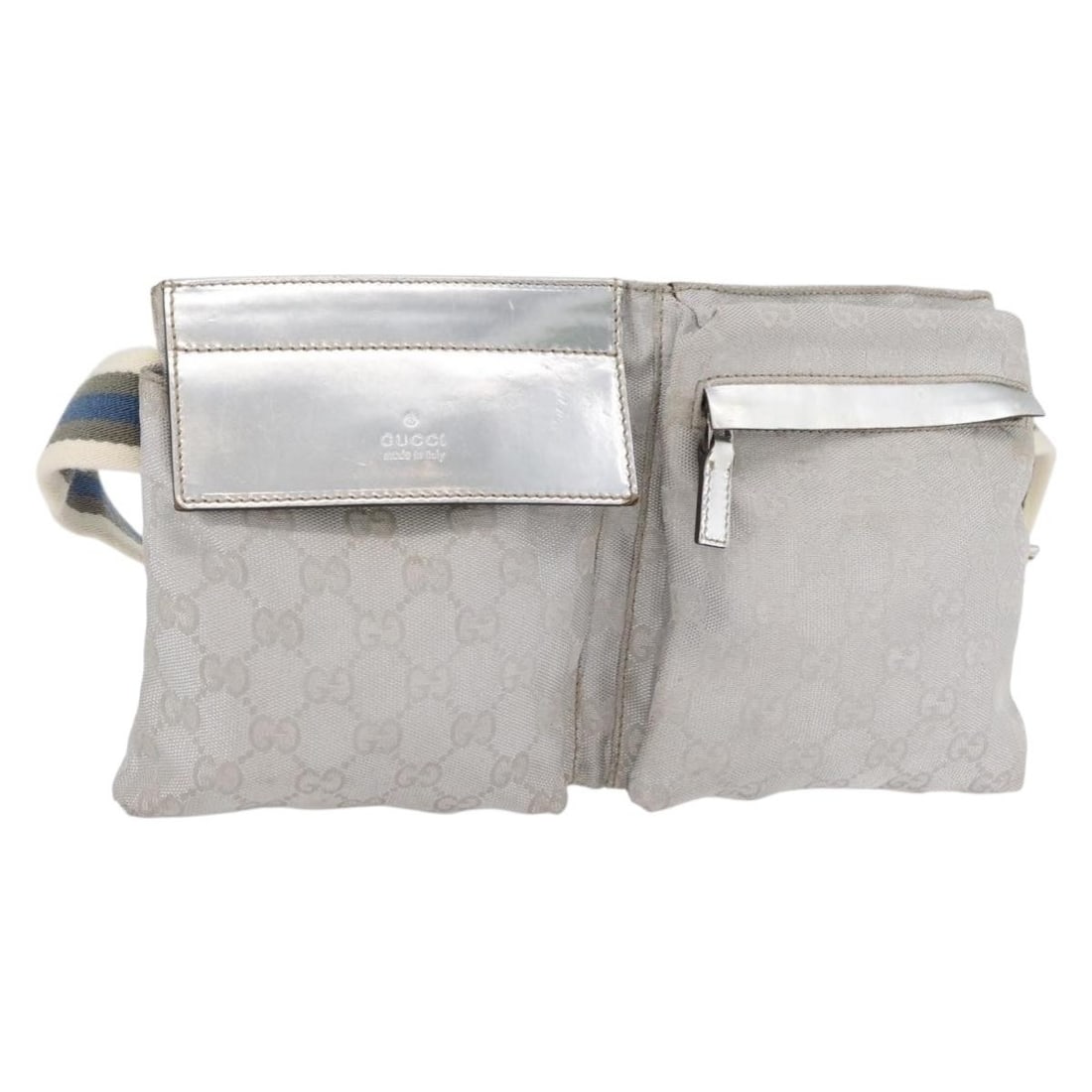 GG Canvas Sherry Line Silver Waist Bag by GUCCI Model 28566: GG Canvas Sherry Line Silver Waist Bag by GUCCI Model 28566 This is a GUCCI GG Canvas Sherry Line waist bag in silver, designed for women. Crafted in Italy from GG Canvas material, the bag features a 