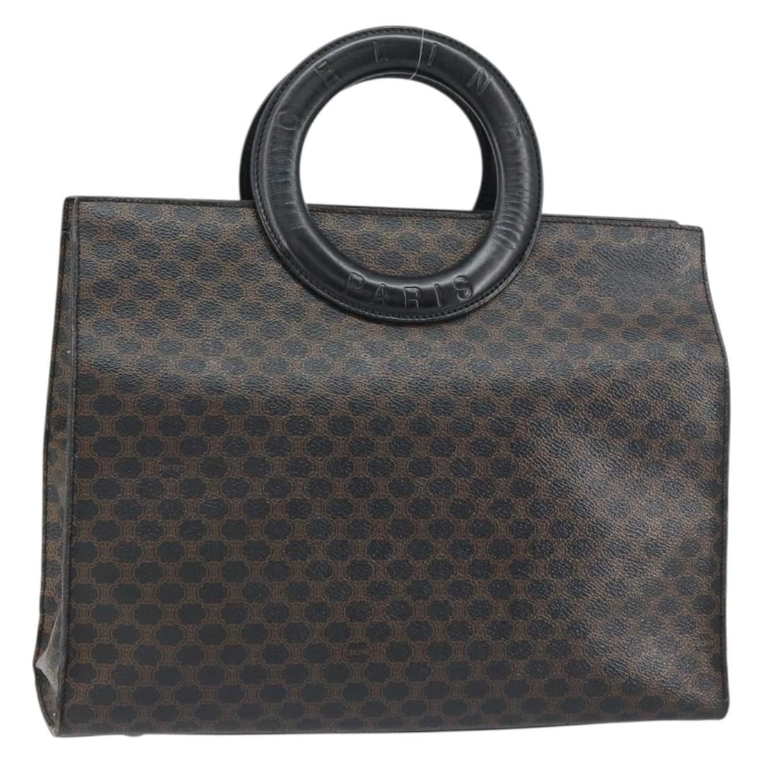 CELINE Brown Macadam PVC Leather Handbag Gold Tone Italy: CELINE Brown Macadam PVC Leather Handbag Gold Tone Italy This CELINE hand bag features the iconic Macadam canvas with PVC leather details in a brown and gold colorway. Made in Italy, it offers a class