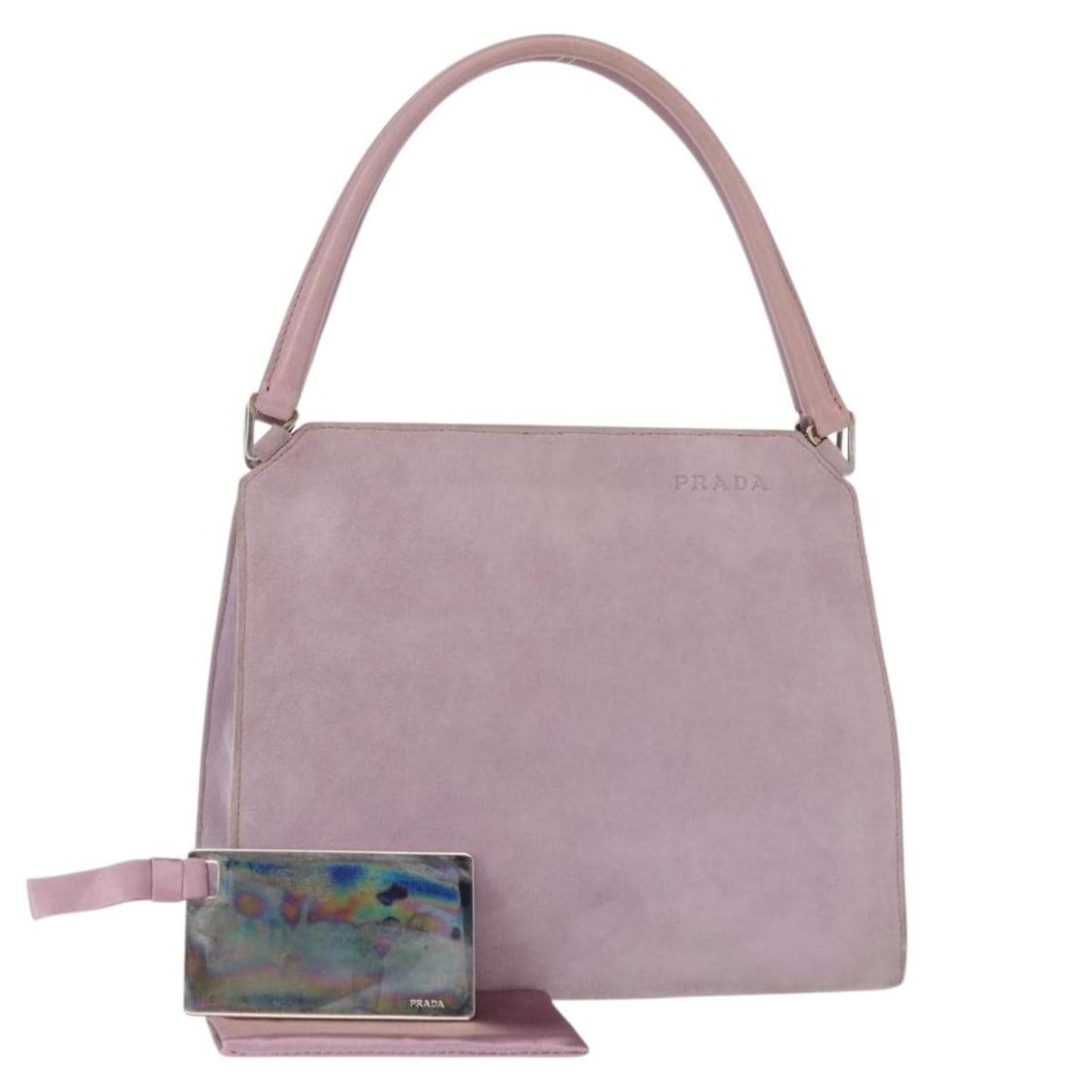 PRADA Purple Silver Suede Hand Bag with Auth Card: PRADA Purple Silver Suede Hand Bag with Auth Card This elegant PRADA handbag showcases a striking combination of purple suede with silver accents. Crafted in Italy, this stylish accessory features a c