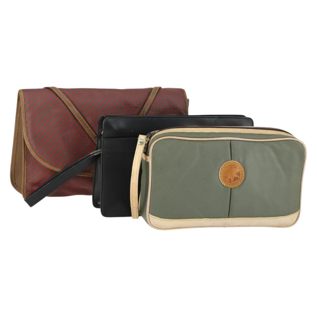 Set of Three Hunting World PVC Leather Clutch Bags Green Gray Black: Set of Three Hunting World PVC Leather Clutch Bags Green Gray Black This is a set of three HUNTING WORLD clutch bags crafted from PVC leather in green, gray, and black. The bags show significant signs