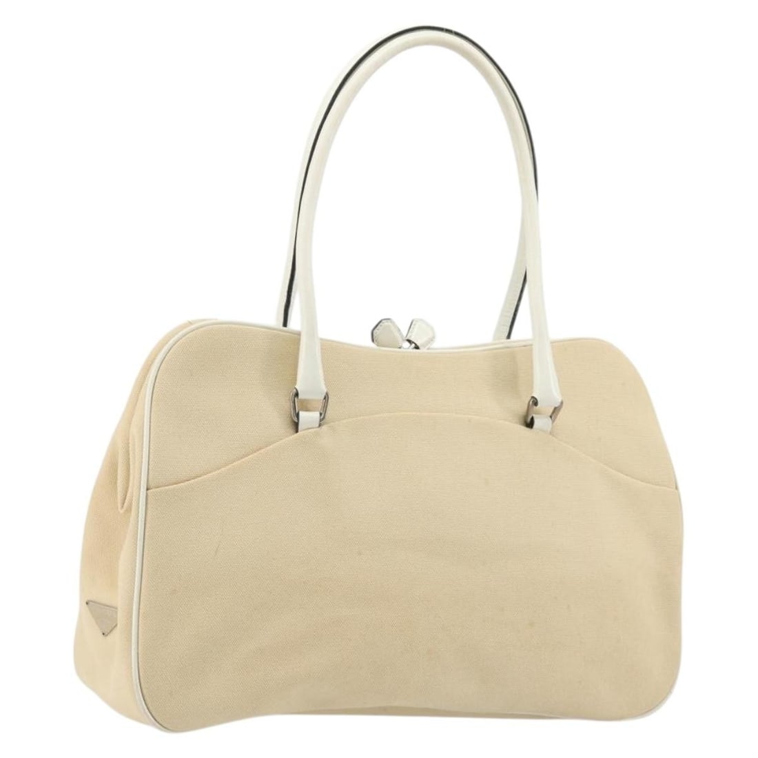 Prada beige silver canvas shoulder bag with guarantee card: Prada beige silver canvas shoulder bag with guarantee card This PRADA shoulder bag features a beige and silver canvas exterior, offering a stylish and versatile accessory for everyday use. Designed fo