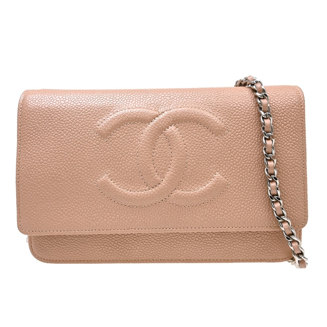Chanel Logo Wallet on Chain Pink Calfskin: Chanel Logo Wallet on Chain Pink Calfskin This Chanel Logo Wallet on Chain is crafted from pink calfskin leather and designed for unisex use. The wallet features a compact silhouette and classic Chane