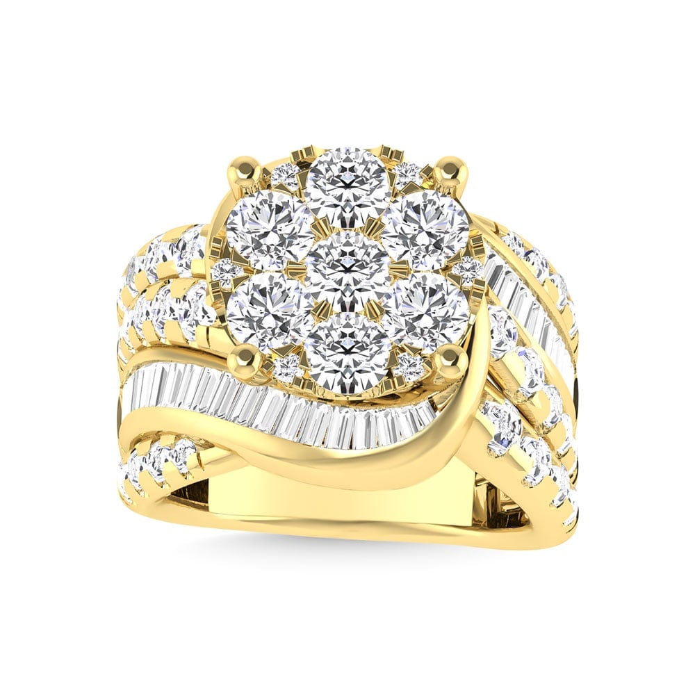 Diamond 4 Ct.Tw. Cluster Engagement Ring in 14K Yellow Gold: Diamond 4 Ct.Tw. Cluster Engagement Ring in 14K Yellow Gold 14k Yellow Gold Stone Color: G-h Stone Clarity: I2 Each ring is presented in standard size 6.5. Complimentary resizing is available between 