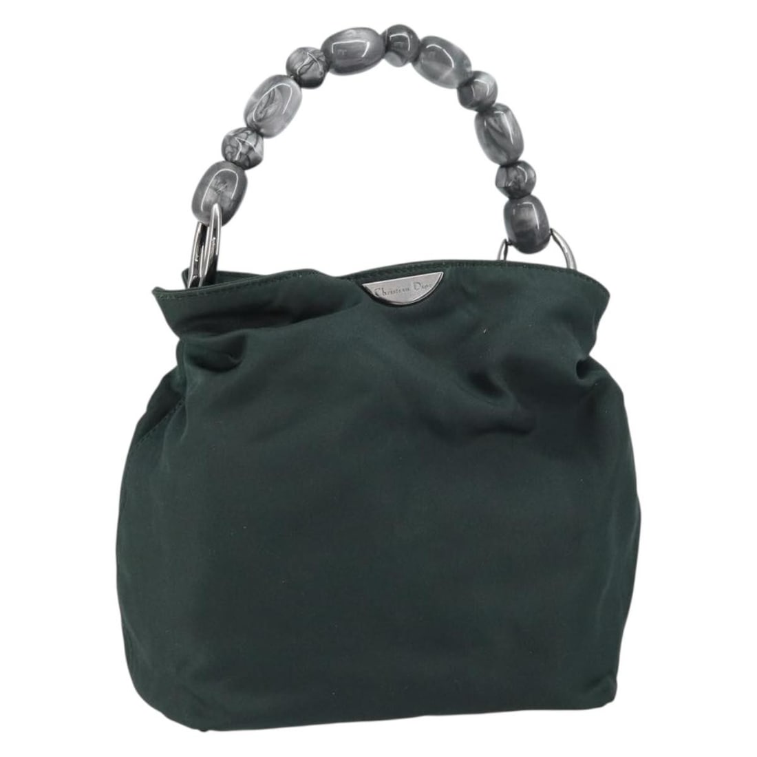 Christian Dior Khaki Silver Nylon Handbag Italy: Christian Dior Khaki Silver Nylon Handbag Italy This Christian Dior handbag is crafted from khaki nylon with silver-tone accents. Made in Italy, it features a compact design with approximate dimension