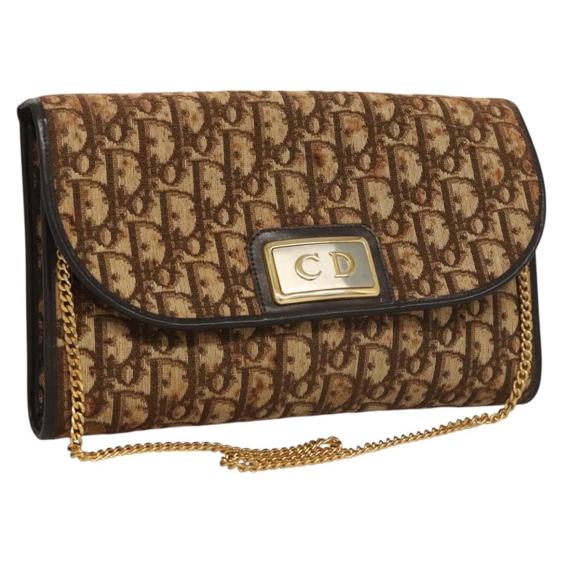 Brown Gold Christian Dior Trotter Canvas Shoulder Bag with Chain Strap: Brown Gold Christian Dior Trotter Canvas Shoulder Bag with Chain Strap This Christian Dior Trotter Canvas Chain Shoulder Bag features a brown and gold color scheme with the iconic Trotter canvas exter