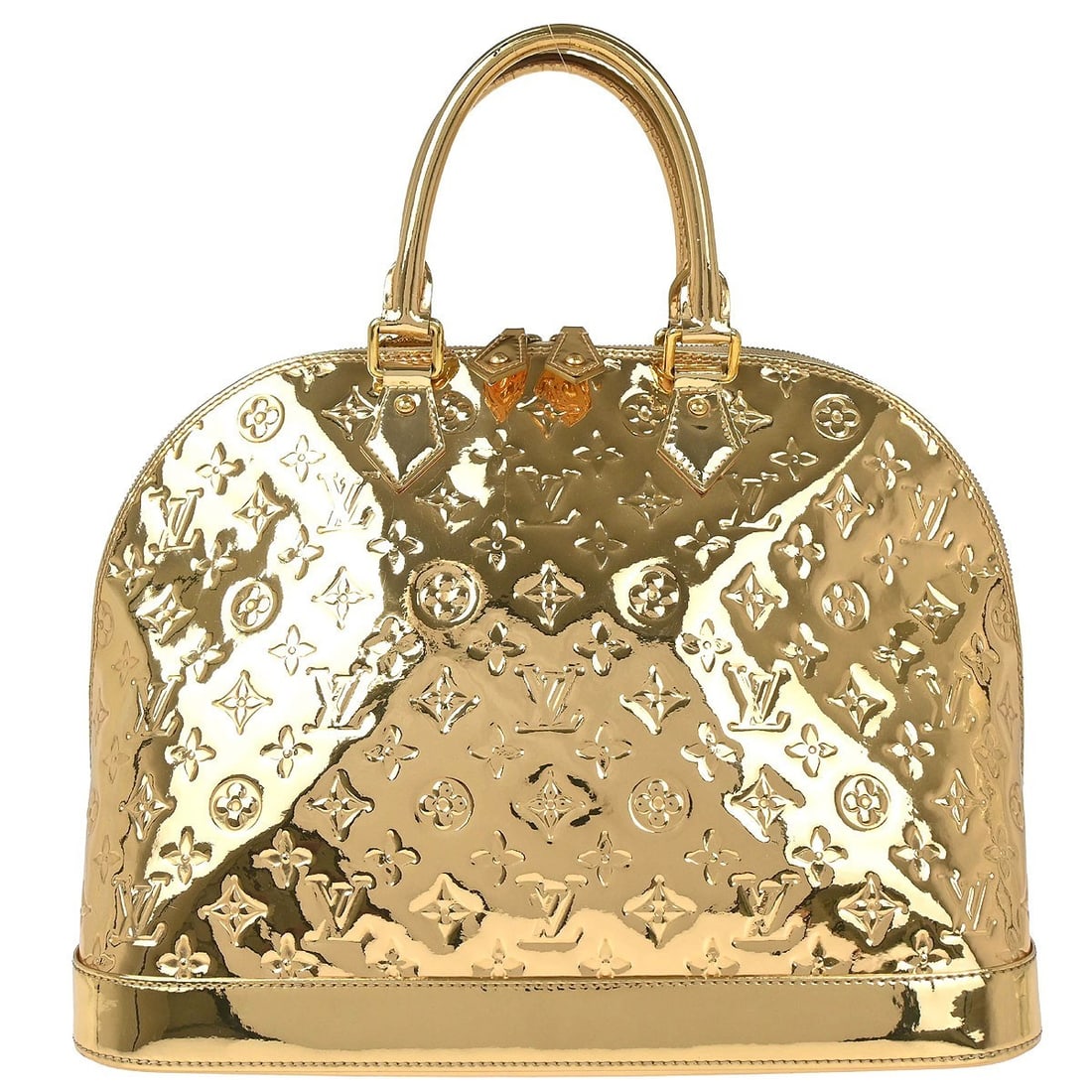 Louis Vuitton Alma MM Gold Monogram Miroir Handbag: Louis Vuitton Alma MM Gold Monogram Miroir Handbag This Louis Vuitton Alma MM handbag features the iconic Monogram Miroir design in a striking gold exterior. Crafted from monogram mirror vinyl with ca