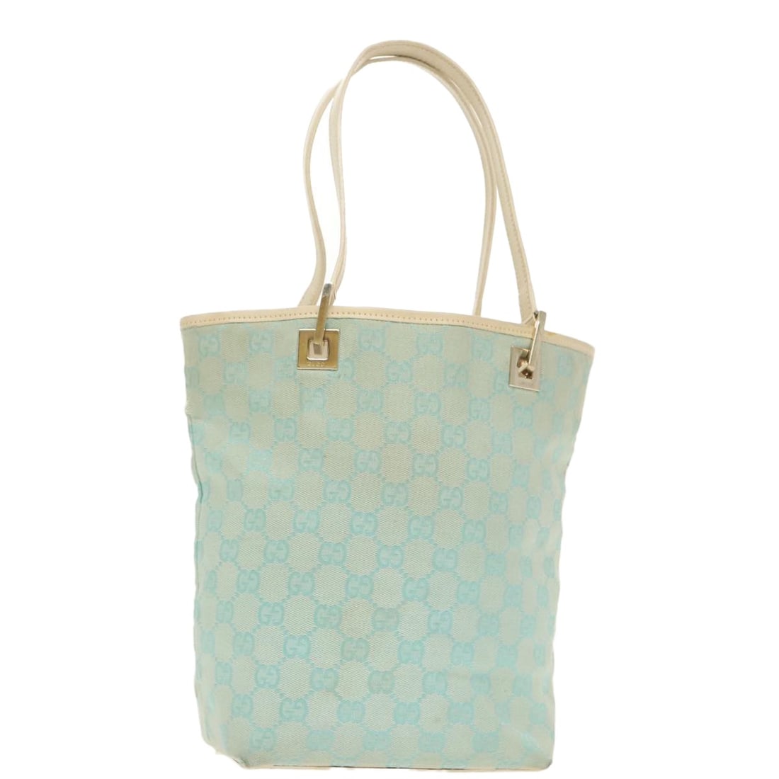 Gucci Light Blue Gold Canvas Tote Bag 002 1098: Gucci Light Blue Gold Canvas Tote Bag 002 1098 This GUCCI GG Canvas Tote Bag features a light blue and gold color scheme and is crafted from durable canvas material. Designed for women, the bag offers