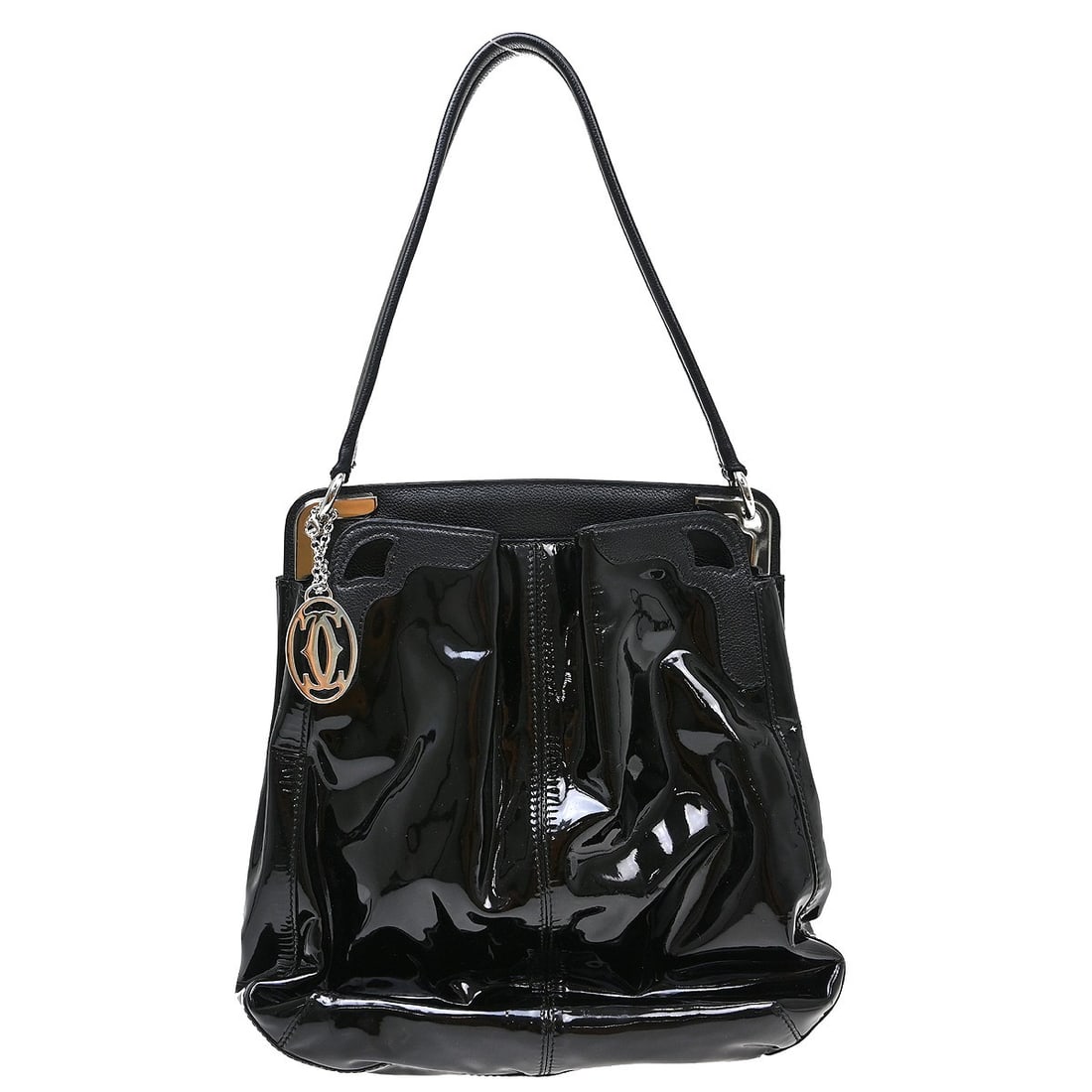 Cartier Marcello de Cartier Black Patent Leather Shoulder Bag: Cartier Marcello de Cartier Black Patent Leather Shoulder Bag This is a vintage Cartier Marcello de Cartier shoulder bag crafted from black patent leather. The medium-sized bag features a shoulder str