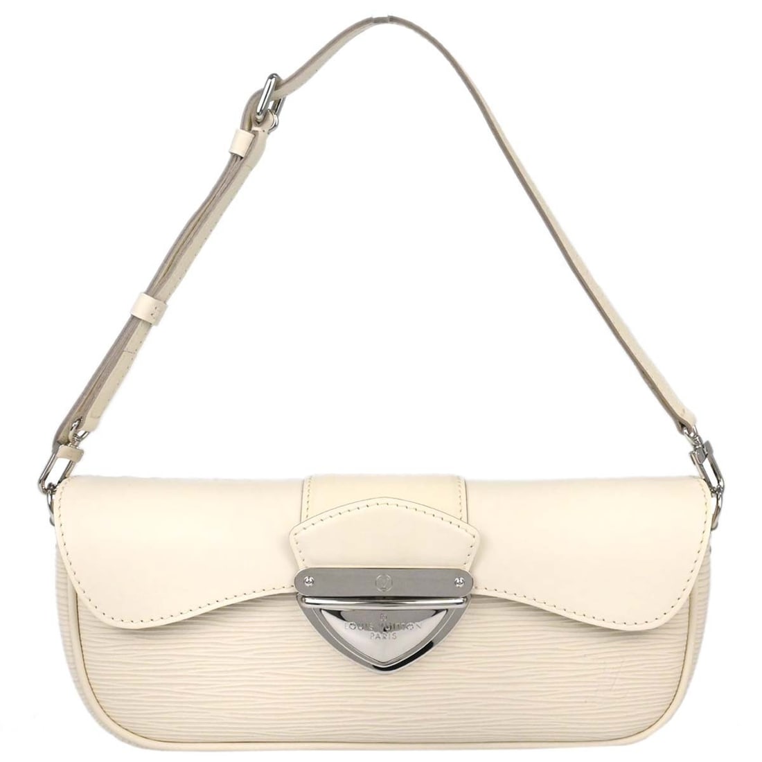 Louis Vuitton Pochette Montaigne White Epi Leather Tote: Louis Vuitton Pochette Montaigne White Epi Leather Tote This Louis Vuitton Pochette Montaigne handbag is crafted from white Epi leather with a structured silhouette and features the signature logo acc