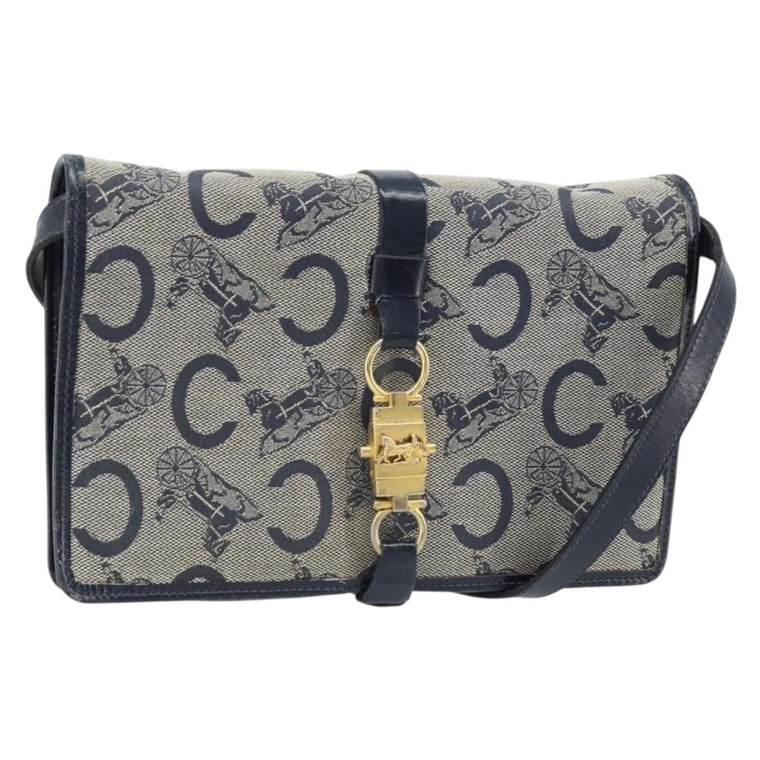 Celine Macadam Navy Canvas Shoulder Bag with Gold Accents: Celine Macadam Navy Canvas Shoulder Bag with Gold Accents This CELINE shoulder bag features the signature C Macadam canvas in navy with gold-tone accents. Designed for women, it offers a compact silho