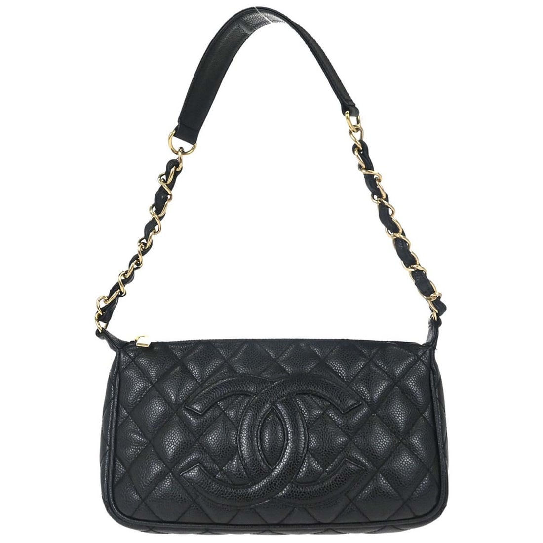 CHANEL Caviar Leather Black Top Handle Bag: CHANEL Caviar Leather Black Top Handle Bag This Chanel handbag is crafted from durable black caviar skin leather with a structured top handle design. It features a small size, leather lining, and sign