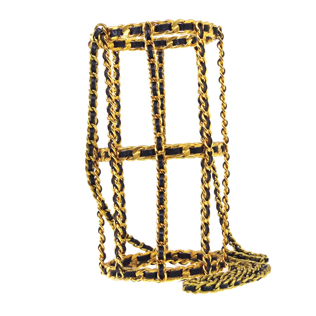 CHANEL Gold Black Cylindrical Crossbody Bag Chain Strap: CHANEL Gold Black Cylindrical Crossbody Bag Chain Strap This Chanel Gold Black Bottle Holder Shoulder Bag 94A features a distinctive cylindrical design crafted from gold-tone leather with black accent