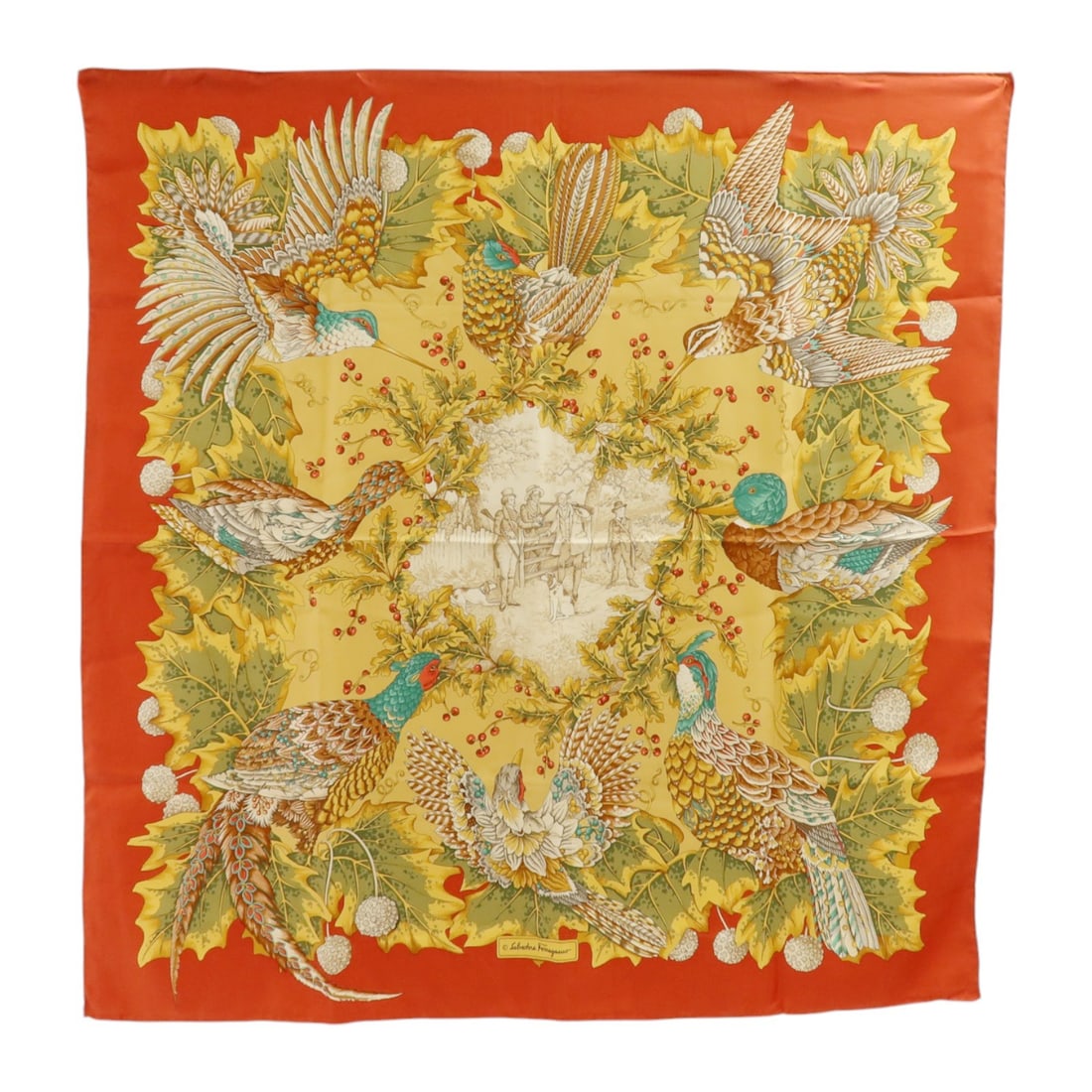 Salvatore Ferragamo Silk Square Scarf 90x90cm Red Yellow Multicolor: Salvatore Ferragamo Silk Square Scarf 90x90cm Red Yellow Multicolor This Salvatore Ferragamo scarf features a vibrant red, yellow, and multicolor design crafted from luxurious silk. Designed for women