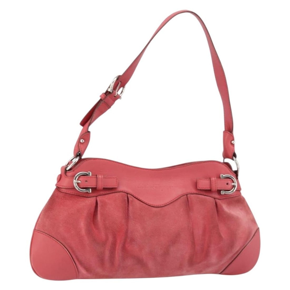 Pink Suede Gancini Shoulder Bag by Salvatore Ferragamo Italy: Pink Suede Gancini Shoulder Bag by Salvatore Ferragamo Italy This Salvatore Ferragamo Gancini shoulder bag features pink suede leather with silver-tone accents. The bag is designed with a shoulder str