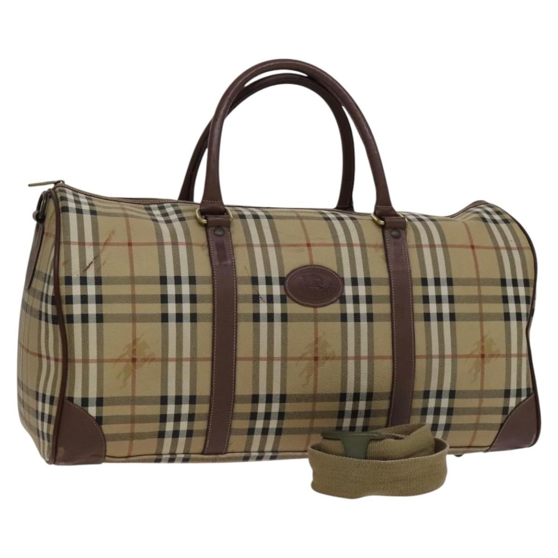 Beige Burberrys Nova Check PVC Leather Boston Bag with Shoulder Strap: Beige Burberrys Nova Check PVC Leather Boston Bag with Shoulder Strap This Burberrys Boston bag features the iconic Nova Check pattern in beige PVC leather with leather accents. Designed for women, it