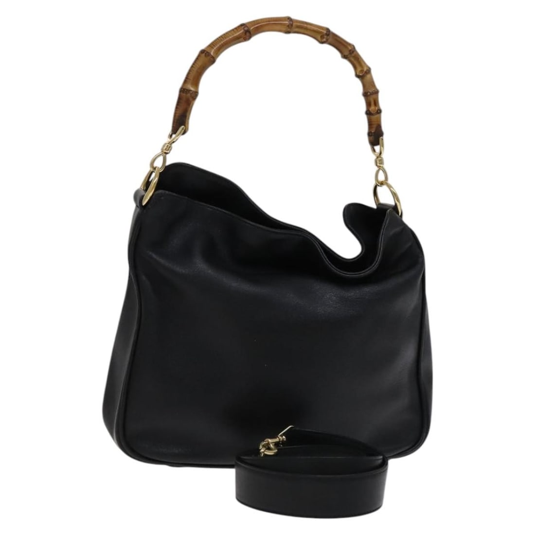 Black Leather Bamboo Top Handle Bag with Shoulder Strap by Gucci 001 1638: Black Leather Bamboo Top Handle Bag with Shoulder Strap by Gucci 001 1638 This is a GUCCI Bamboo 2-way handbag crafted from black leather. Featuring both a carry handle and a detachable shoulder strap