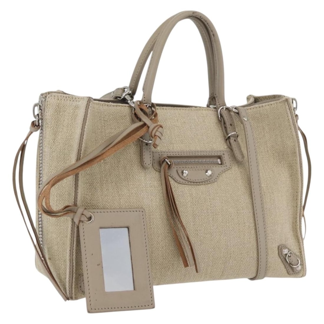 Balenciaga Paper A6 Zip Canvas Handbag with Shoulder Strap Beige Silver: Balenciaga Paper A6 Zip Canvas Handbag with Shoulder Strap Beige Silver This Balenciaga Paper A6 Zip Around bag is crafted from durable beige canvas with silver accents. Designed for versatility, it c