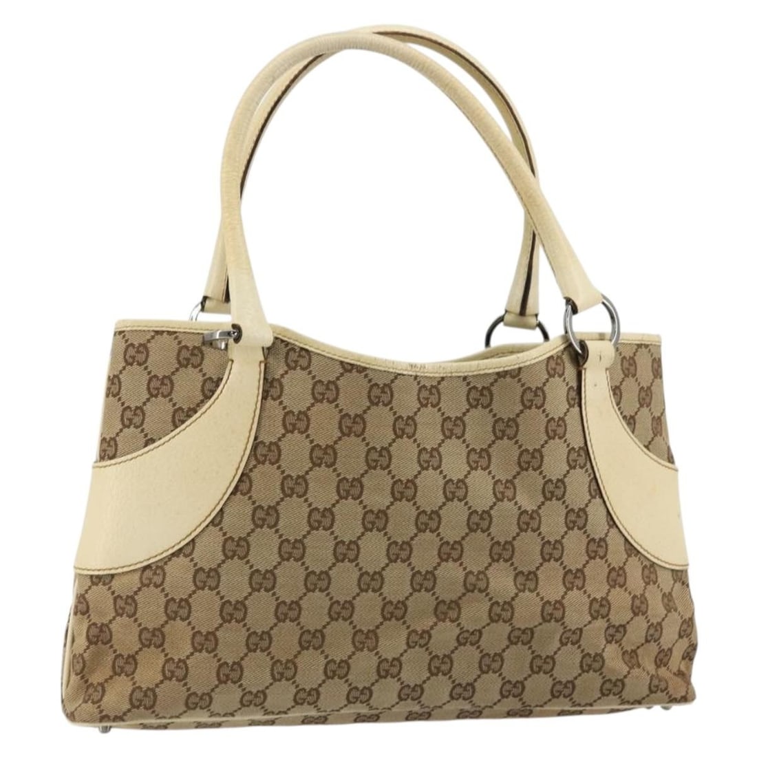 Gucci 113015 GG Canvas Beige Silver Tote Bag: Gucci 113015 GG Canvas Beige Silver Tote Bag This is a GUCCI GG Canvas tote bag in beige and silver, crafted in Italy. The bag features the iconic GG canvas exterior, complemented by silver-tone accen