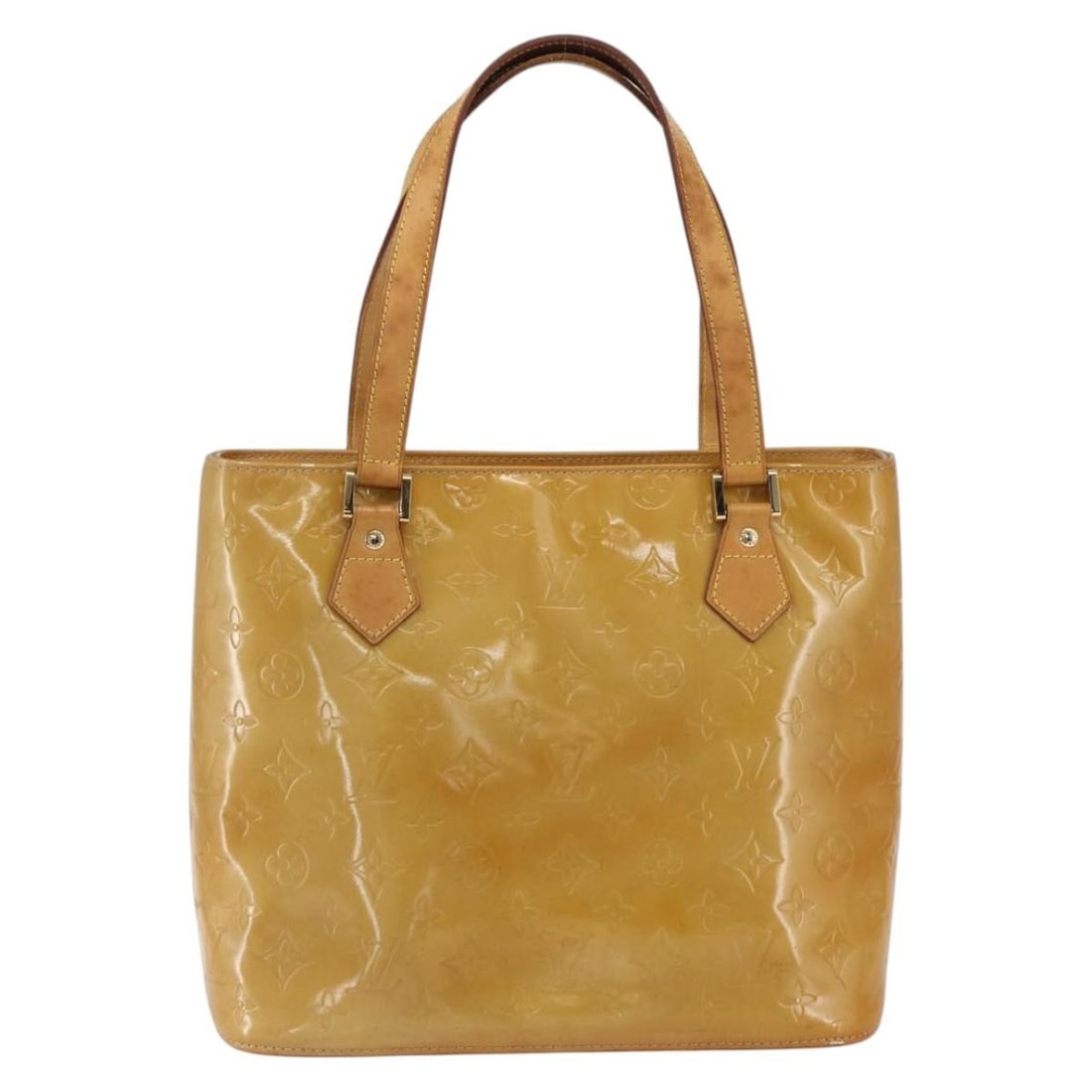 Houston Vernis Patent Leather Tote by Louis Vuitton in Beige: Houston Vernis Patent Leather Tote by Louis Vuitton in Beige The Louis Vuitton Houston Handbag in Monogram Vernis features a beige patent leather exterior with a structured silhouette. It is designed 