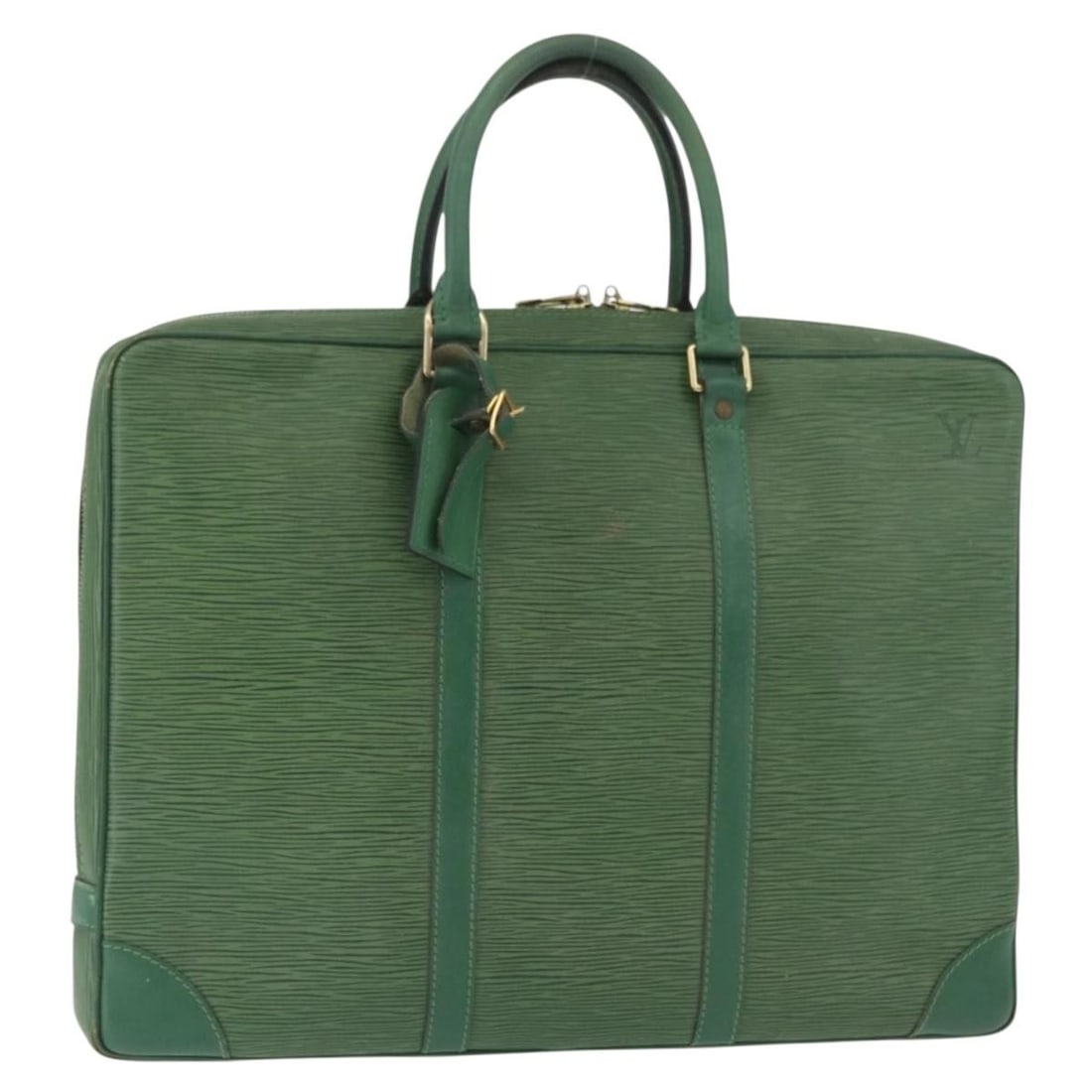 Louis Vuitton Epi Leather Green Business Bag M54474 with Name Tag: Louis Vuitton Epi Leather Green Business Bag M54474 with Name Tag This Louis Vuitton Epi Porte Documents Voyage business bag in green is crafted from durable Epi leather and features a structured silh
