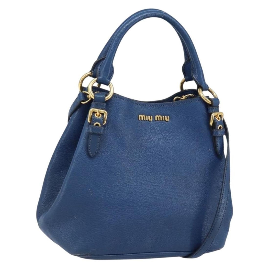 Miu Miu Blue Leather 2way Handbag with Gold Accents and Shoulder Strap: Miu Miu Blue Leather 2way Handbag with Gold Accents and Shoulder Strap This Miu Miu 2-way handbag is crafted from blue and gold leather and can be carried by hand or worn with the included shoulder st