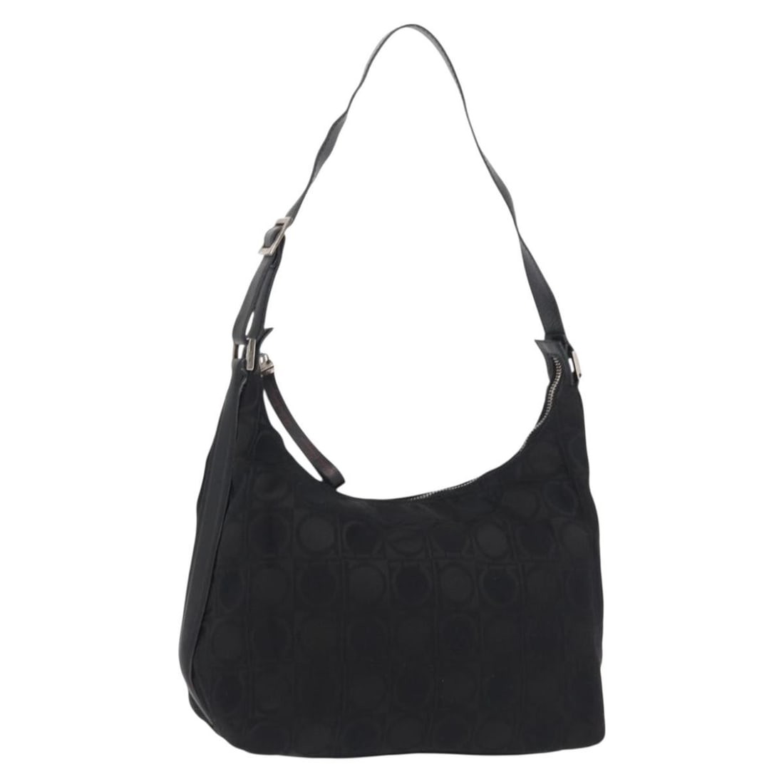 Salvatore Ferragamo Gancini Black Silver Leather Shoulder Bag Auth: Salvatore Ferragamo Gancini Black Silver Leather Shoulder Bag Auth This Salvatore Ferragamo Gancini Shoulder Bag is a stylish accessory crafted from high-quality leather and nylon, featuring a sleek b