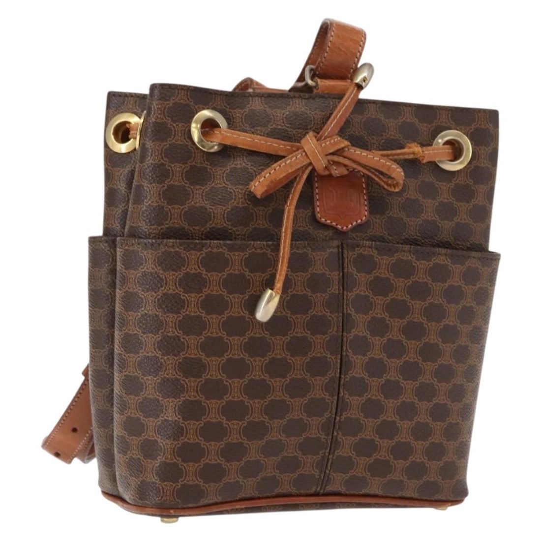 CELINE Macadam Canvas Brown Gold Shoulder Bag PVC Leather Authentic: CELINE Macadam Canvas Brown Gold Shoulder Bag PVC Leather Authentic This Celine Macadam Canvas Shoulder Bag showcases a sophisticated blend of PVC leather and Macadam canvas in a rich brown and gold c