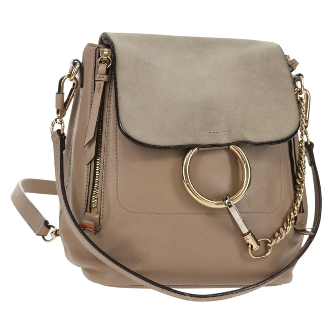 Beige Suede Chloe Faye Backpack 19cm by 22cm by 13cm: Beige Suede Chloe Faye Backpack 19cm by 22cm by 13cm This pre-owned Chloe Faye Backpack for women combines suede and leather materials in a beige color. The backpack measures 19cm x 22cm x 13cm and is