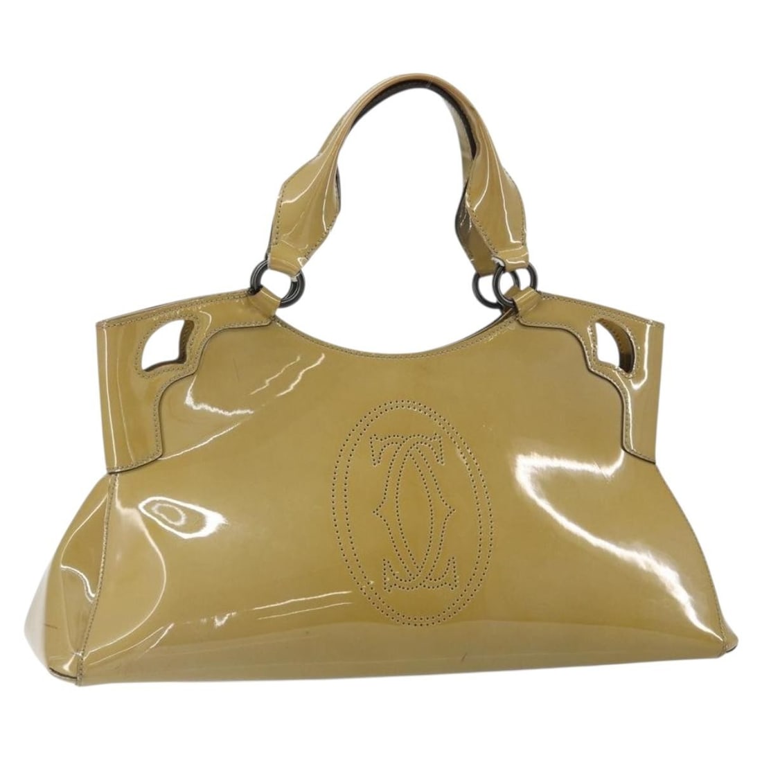 Cartier Yellow and Silver Patent Leather Tote Handbag Made in Italy: Cartier Yellow and Silver Patent Leather Tote Handbag Made in Italy This is a Cartier tote bag crafted from yellow and silver patent leather. The bag features dual top handles, silver-tone hardware, a