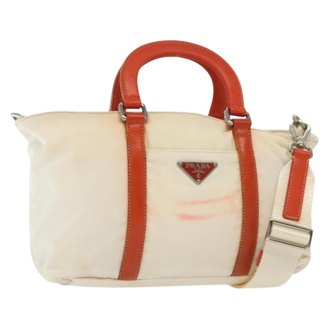PRADA White Silver Nylon 2-Way Hand Bag Auth Italy: PRADA White Silver Nylon 2-Way Hand Bag Auth Italy This PRADA Hand Bag is a stylish and functional accessory crafted from durable nylon. The bag features a chic white and silver exterior, perfect for 